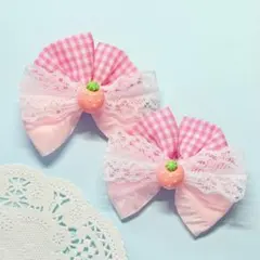 いちご リボン ヘアクリップ ピンク ギンガムチェック レース キッズ
