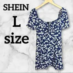 SHEIN 【L】 ネイビー 花柄 半袖 ミニワンピース 大人カジュアル 総柄
