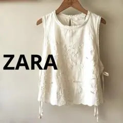 25SS/新品 完売品ZARA ザラ/刺繍入りホワイトノースリーブベストサイズL