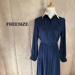 清楚✨ プリーツワンピース 金ボタン 紺 白襟 銀座 レトロ 美シルエット