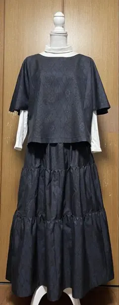 着物リメイク　大島のセットアップ　フレアー袖トップス＆ティアードスカート