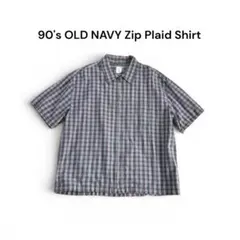 90s OLD NAVY ジップ シャツ チェック 半袖 L グリーン レッドのサムネイル