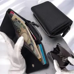 【ブラック】牛革 ミニ財布 小銭入れ カードケース コインケース 黒