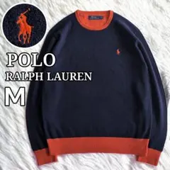 ポロラルフローレン クルーネック ウール ニットセーター M ネイビー オレンジ