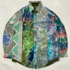 【新入荷】美品　古着ミックス　染め柄×切り替え　デニムシャツ　長袖　1点もの