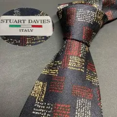 STUART DAVIES ネクタイ　ネイビー　ゴールド　レッド　スクエア　総柄