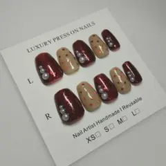 ハンドメイド ネイルチップ 95 大人っぽい 冬 ハート ワインレッド ラメ