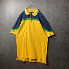 VINTAGE 半袖ポロシャツ　古着　黄色　紺　ビッグ刺繍　レトロ