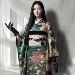振袖フルセット(8点)・成人式・古典柄(金駒刺繍・舞蝶・扇・金銀彩・緑 