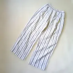 スピック&スパン　ストライプワイドパンツM 麻混　手洗い可　白/グレー