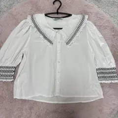ZARA ホワイト フリル襟 五分袖ブラウス M