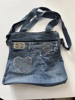 ハンドメイド　未使用　デニムメッセンジャーバッグ ハートビジュー付き