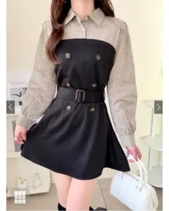 ベルト付きチェック柄シャツドッキングミニワンピース
