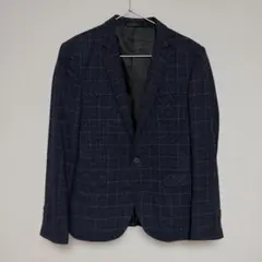 テーラードジャケット ネイビー 格子柄 ウィンドウペン チェック L相当
