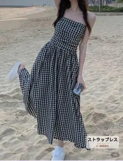 SHEIN ギンガムチェック オフショル ロングワンピース