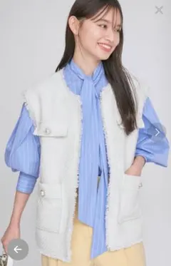 VIS　ビス　パール釦フリンジツイードジレ　ジレ　ベスト　パールボタン　ホワイト