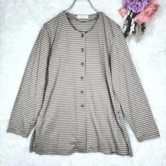 ラパス　日本製　細ボーダー　クルーネック　長袖シャツ　体型カバー　ゆったり
