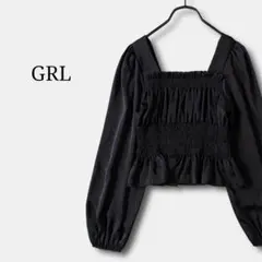 美品✨グレイルGRLペプラムショート丈ブラウス光沢スクエアネック黒シャーリング春