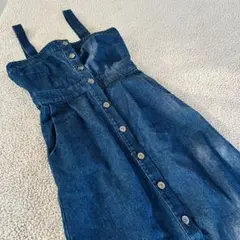 美品♡レイカズン♡デニムジャンパースカート【F】濃紺　綿混　ボタン　ミモレ　ゴム