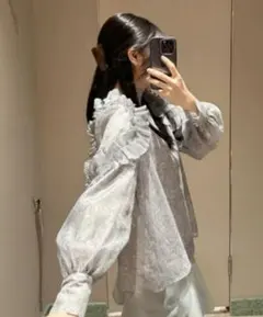 新品　プリーツオーガンジー　ブラウス　リボン　柄　グレー　ブルー　入園式　入学式