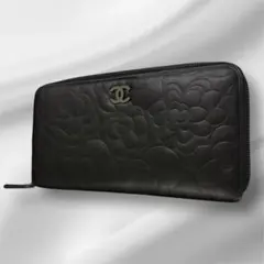 CHANEL シャネル ラムスキン カメリア ラウンド 長財布 ココマーク 黒