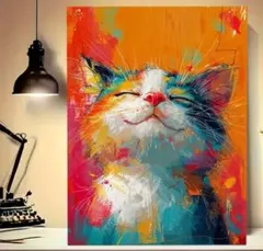 【✨秀麗品✨】色彩心理学活用したデザイン ポジティブな猫のポップアート 絵画