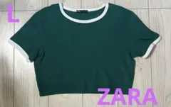 【1度着用】ZARA ザラ リンガーTシャツ チビT クロップド丈 グリーン Lのサムネイル