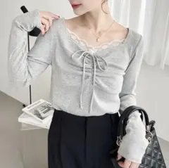 moment+　フロントレースギャザーリボン長袖トップス　トップス　カットソーのサムネイル