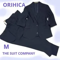 【ORIHICA】パンツスーツ　パンツ2本　M 濃紺　洗える　女性　薄手　七分袖