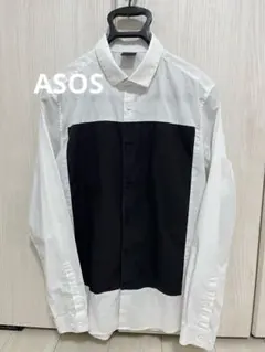 ASOS バイカラー デザイン 長袖 ボタンシャツ ホワイト ブラック