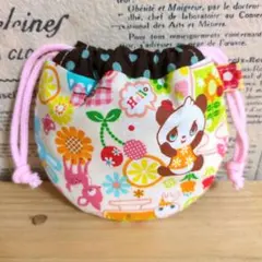ハンドメイド　まるいミニ巾着 (レトロアニマル　パンダ　アイボリー　水玉)