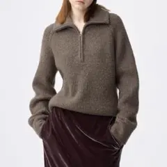 【未使用】 GU ネップハーフジップニットプルオーバー ブラウン L