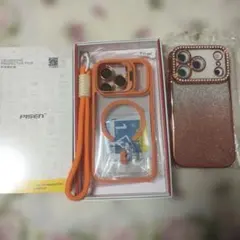 オレンジ iPhone17proケースストラップ付き保護フィルム3枚で3点セット