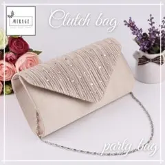 【クラッチバッグ】パーティーバッグ シャンパンゴールド ビジュー チェーン付き