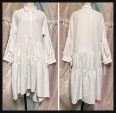 ꒰BBGD꒱フィッシュテール ティアード ブラウスワンピース 白ロングチュニック
