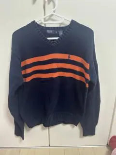ポロ　ラルフローレン　ネイビー/オレンジ ストライプ Vネックニットセーター