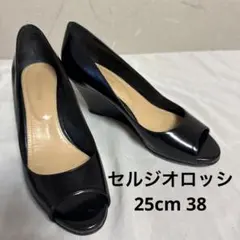 セルジオロッシ オープントゥ ウェッジパンプス 38 25cm 黒 パテントのサムネイル