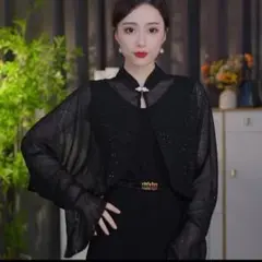 2Way ボレロ ブラック ケープ ラメ 襟付き フォーマル ブライダル 黒