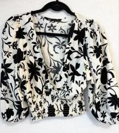 ZARA 花柄 シャーリング ブラウス クロップド丈 S モノトーン
