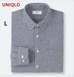 UNIQLOプレミアムリネンチェックシャツLレディース濃紺×白