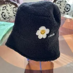 ボア素材 バケットハット 黒 フラワー