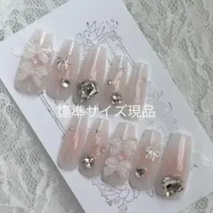 【ネイルチップ現品】チーク推しワンホンy2k量産秋成人式リボンピンクバレリーナ白