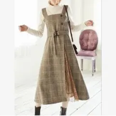 GRL グレイル ベルト付 チェックプリーツ切り替えワンピース ブラウン M