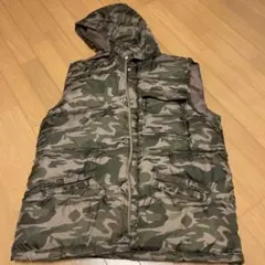 迷彩色 フード付きダウンベスト LLサイズ フード取り外し可能 状態良好