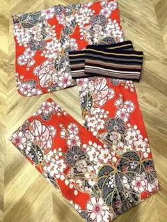 赤地花柄浴衣・ストライプ帯セット