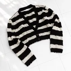 H&M レース編みボーダーカーディガン 黒×アイボリー ショート丈 韓国風 L