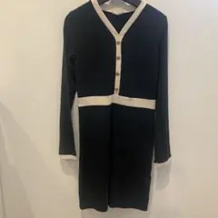 ブラック/アイボリー Vネック ワンピース