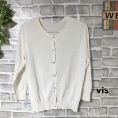 vis ニット カーディガン ビジューボタン 薄手 大人可愛い 裾タック 七部袖