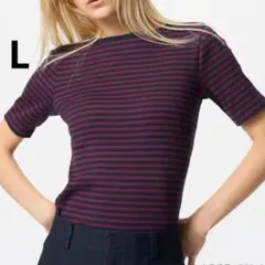 美品 UNIQLO L リブボートネックT 5分袖 ボーダー Tシャツ 紺 赤