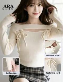 SHEIN リボン オフショルトップス オフホワイト 秋服